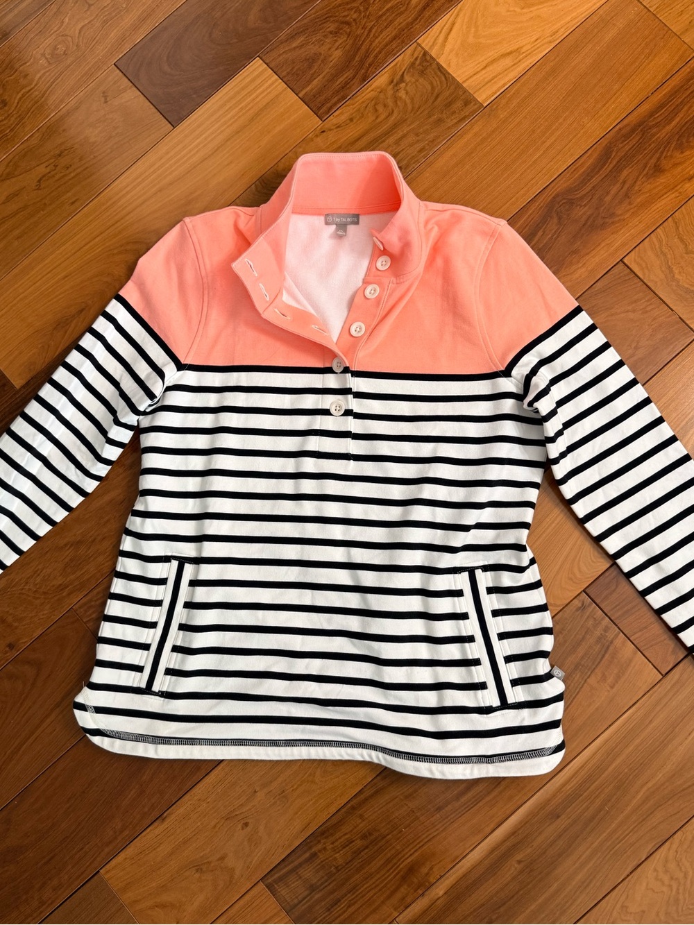 Talbots Coral Yoke Black & White Striped Pullover